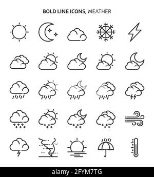 Weather, bold line icons. The illustrations are a vector, editable stroke, 48x48 pixel perfect files. Crafted with precision and eye for quality. Stock Vector