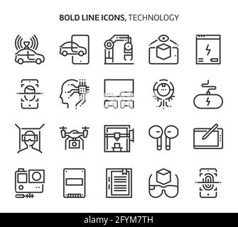 Technology, bold line icons. The illustrations are a vector, editable stroke, 48x48 pixel perfect files. Crafted with precision and eye for quality. Stock Vector