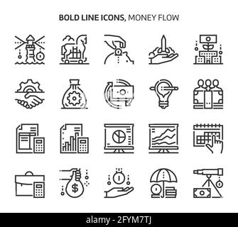 Money flow, bold line icons. The illustrations are a vector, editable stroke, 48x48 pixel perfect files. Crafted with precision and eye for quality. Stock Vector