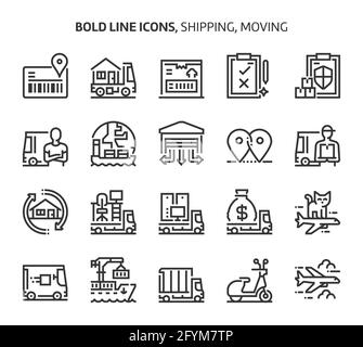 Shipping and moving, bold line icons. The illustrations are a vector, editable stroke, 48x48 pixel perfect files. Crafted with precision and eye for q Stock Vector