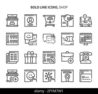 Shop, bold line icons. The illustrations are a vector, editable stroke, 48x48 pixel perfect files. Crafted with precision and eye for quality. Stock Vector