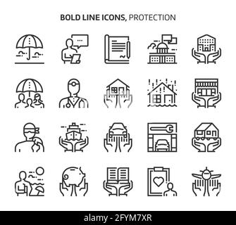 Protection, bold line icons. The illustrations are a vector, editable stroke, 48x48 pixel perfect files. Crafted with precision and eye for quality. Stock Vector