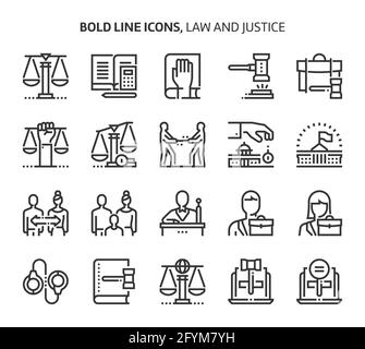 Law and justice, bold line icons. The illustrations are a vector, editable stroke, 48x48 pixel perfect files. Crafted with precision and eye for quali Stock Vector