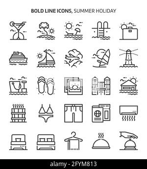 Summer holiday, bold line icons. The illustrations are a vector, editable stroke, 48x48 pixel perfect files. Crafted with precision and eye for qualit Stock Vector