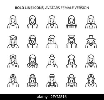 Female avatars, bold line icons. The illustrations are a vector, editable stroke, 48x48 pixel perfect files. Crafted with precision and eye for qualit Stock Vector