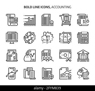 Accounting, bold line icons. The illustrations are a vector, editable stroke, 48x48 pixel perfect files. Crafted with precision and eye for quality. Stock Vector