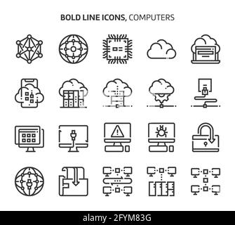 Computers and networking, bold line icons. The illustrations are a vector, editable stroke, 48x48 pixel perfect files. Crafted with precision and eye Stock Vector