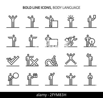 Body language, bold line icons. The illustrations are a vector, editable stroke, 48x48 pixel perfect files. Crafted with precision and eye for quality Stock Vector