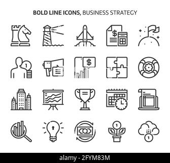 Business strategy, bold line icons. The illustrations are a vector, editable stroke, 48x48 pixel perfect files. Crafted with precision and eye for qua Stock Vector