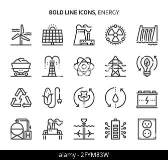 Energy, bold line icons. The illustrations are a vector, editable stroke, 48x48 pixel perfect files. Crafted with precision and eye for quality. Stock Vector