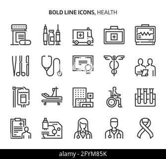 Health, bold line icons. The illustrations are a vector, editable stroke, 48x48 pixel perfect files. Crafted with precision and eye for quality. Stock Vector