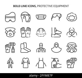 Protective equipment, bold line icons. The illustrations are a vector, editable stroke, 48x48 pixel perfect files. Crafted with precision and eye for Stock Vector