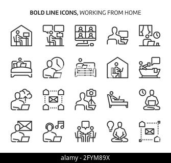 Working from home, bold line icons. The illustrations are a vector, editable stroke, 48x48 pixel perfect files. Crafted with precision and eye for qua Stock Vector