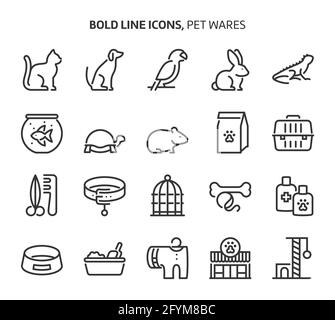 Pet wares, bold line icons. The illustrations are a vector, editable stroke, 48x48 pixel perfect files. Crafted with precision and eye for quality. Stock Vector