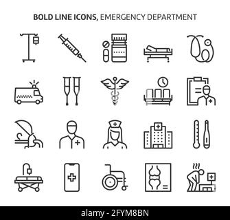 Emergency department, bold line icons. The illustrations are a vector, editable stroke, 48x48 pixel perfect files. Crafted with precision and eye for Stock Vector