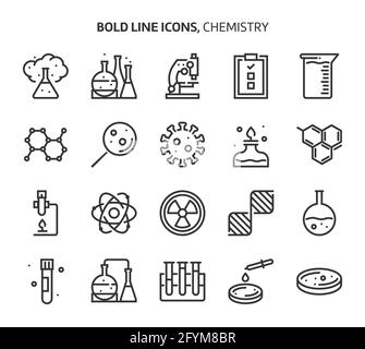 Chemistry, bold line icons. The illustrations are a vector, editable stroke, 48x48 pixel perfect files. Crafted with precision and eye for quality. Stock Vector