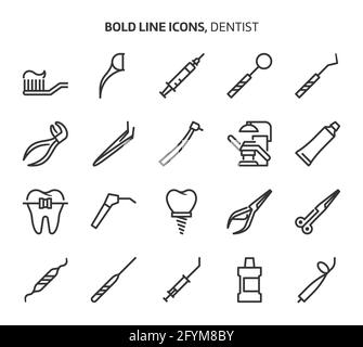 Dentist tools, bold line icons. The illustrations are a vector, editable stroke, 48x48 pixel perfect files. Crafted with precision and eye for quality Stock Vector