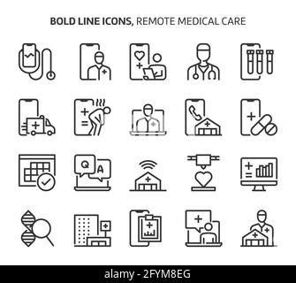 Remote medical care, bold line icons. The illustrations are a vector, editable stroke, 48x48 pixel perfect files. Crafted with precision and eye for q Stock Vector