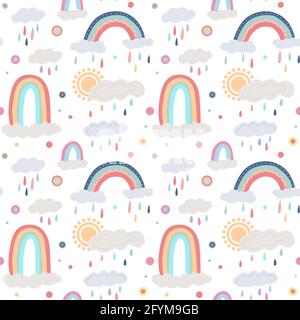 Cute childish pattern with different rainbows, cloud, sun on a white background with colorful drops and dots. Vector natural texture. Gentle sky wallp Stock Vector