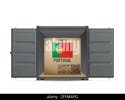 Cardboard box Portugal in cargo container on a white background. Vector illustration. Stock Photo