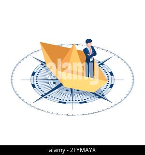 Flat 3d Isometric Businessman Standing on Paper Boat Over The Compass. Business and Leadership Concept. Stock Vector