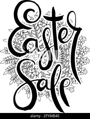 Easter Sale. Hand lettering grunge card with flower background. Handcrafted doodle letters in retro style. Hand-drawn vintage vector typography illust Stock Vector