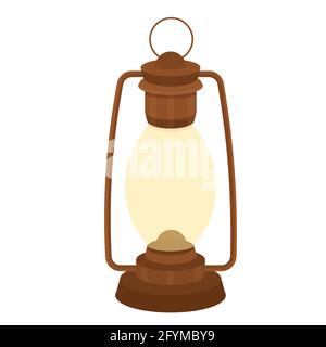 Old kerosene, oil lamp, vintage handle object in cartoon style isolated on white background. Camping, mining equipment. Antique, retro lighting tool. Vector illustration Stock Vector