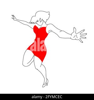 A dashingly dancing woman in a red dress. Contour drawing on white background, vector illustration Stock Vector