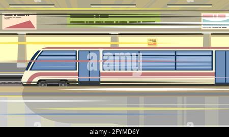 High-speed train at the metro station. Suburban and urban underground transport. Blue. Railway with a locomotive. Illustration. Flat design. Vector Stock Vector