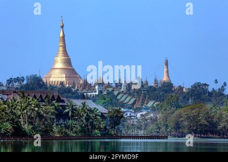 The Shwedagon Pagoda complex In the city of Yangon in Myanmar (Burma). Officially called the Shwedagon Zedi Daw. Stock Photo