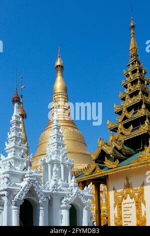 The Shwedagon Pagoda complex In the city of Yangon in Myanmar (Burma). Officially called the Shwedagon Zedi Daw. Stock Photo