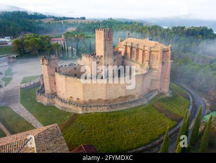 Castle Castillo de Javier in the fog. Huesca Province. Aragon. Spain Stock Photo