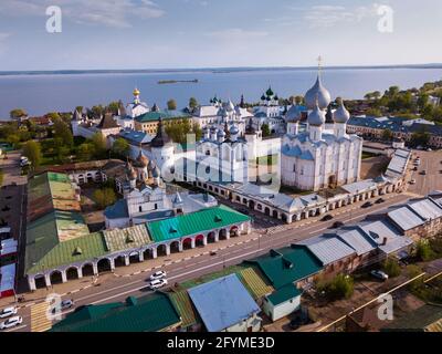Aerial view of architectural complex of Rostov Kremlin located on board of Lake Nero in Russian city of Rostov Stock Photo