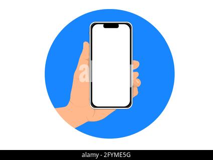 image graphics hand hold smartphone in circle blue isolated white background vector illustration Stock Vector