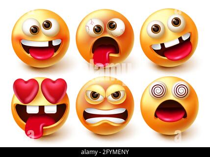 Smileys emoticon vector set. Smiley 3d emoji characters with expressions and emotions like in love, crazy, funny and angry for cute emoticons. Stock Vector