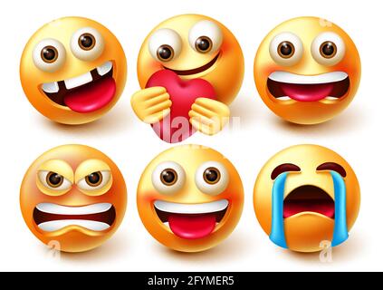 Smileys emoji vector set. Smiley 3d emoticon characters isolated in white background with crazy, angry, crying and care pose and expressions. Stock Vector