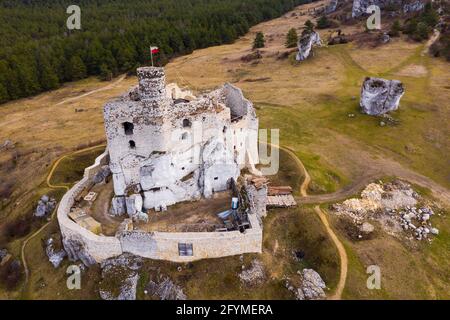 View from drone of Mirow Castle, medieval castle in Silesian Voivodeship, Poland Stock Photo