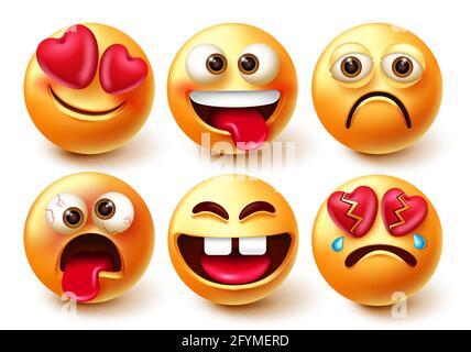Emoticons smiley characters vector set. Emoticon 3d emojis isolated in white background with funny, crazy, in love and broken heart facial expression. Stock Vector