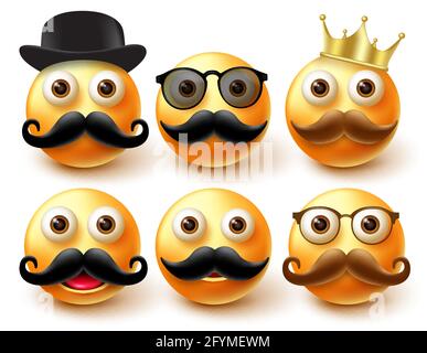 Smileys male emoticon vector set. Smiley 3d emoji characters wearing elements like mustache, crown and hat for emojis man character collection design. Stock Vector