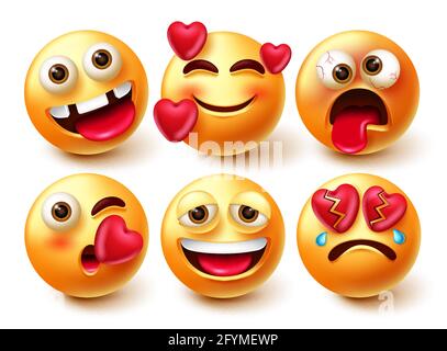 Emoji smileys vector character set. Smiley 3d emoticon with crazy, in love, broken and weird face icon expression isolated in white background. Stock Vector