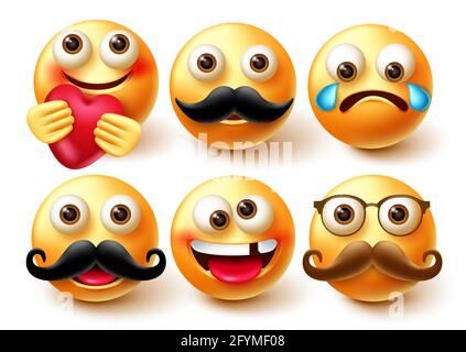 Emoji smileys vector character set. Smiley 3d emoticon in happy and crying emotion with elements like moustache and heart for emoticons design. Stock Vector