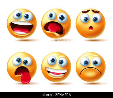 Emoji smileys vector set. Smiley 3d emojis characters in happy, shocked and sad emotion isolated in white background for emoticons character design. Stock Vector