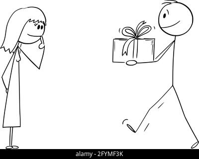 Man Giving Present or Gift to Woman or Girl, Vector Cartoon Stick Figure Illustration Stock Vector