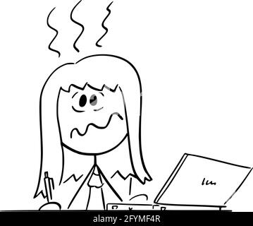 Stressed Overworked Woman Sitting Behind Desk Working in Office on Computer, Vector Cartoon Stick Figure Illustration Stock Vector