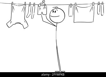 Person or Man Hanging Clean Clothes on Line Using Pegs , Vector Cartoon Stick Figure Illustration Stock Vector