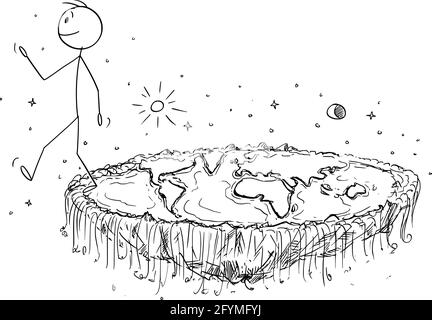 Flat Planet Earth Conspiracy, Person Falling Over the Edge, Vector Cartoon Illustration Stock Vector