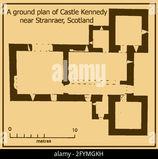 Castle Kennedy Gardens & Gardens, Dumfries & Galloway, Scotland in 2021 - A ground floor plan of  the ruined old castle  built in 1607 as a mansion house by the Earl of Cassilis, on the site of the original medieval castle. Bought by  Sir John Dalrymple, in 1677 it later became the home of the  Earl of Stair  but  was destroyed by fire in 1716 and never rebuilt. The  ancient scheduled monument, stands on the hill in the centre of the 'island' (isthmus) with   White and Black Lochs at each side. The medieval structure   was used for scenes in the original  British version of the Wickerman film. Stock Photo