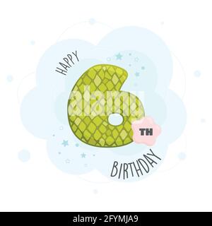 Happy 6th birthday greeting card with cute animal skin pattern design. Stock Vector