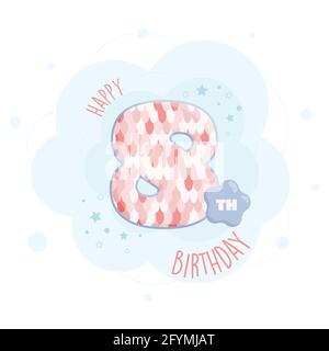 Happy 8th birthday greeting card with cute animal skin pattern design. Stock Vector