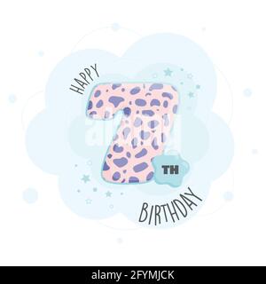 Happy 7th birthday greeting card with cute animal skin pattern design. Stock Vector